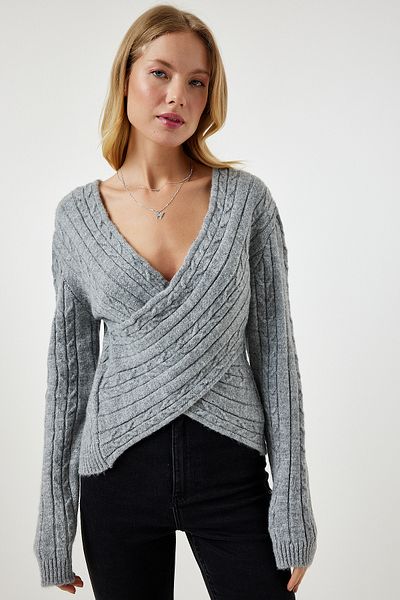 Happiness İstanbul Women's Gray Wrap Collar Seasonal Knitwear Sweater PF00070