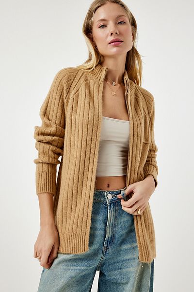 Happiness İstanbul Women's Biscuit Zippered Knit Cardigan DD01301