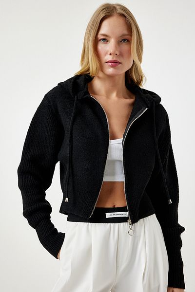 Happiness İstanbul Cardigan negru din tricot cu fermoar și glugă pentru femei YY00203
