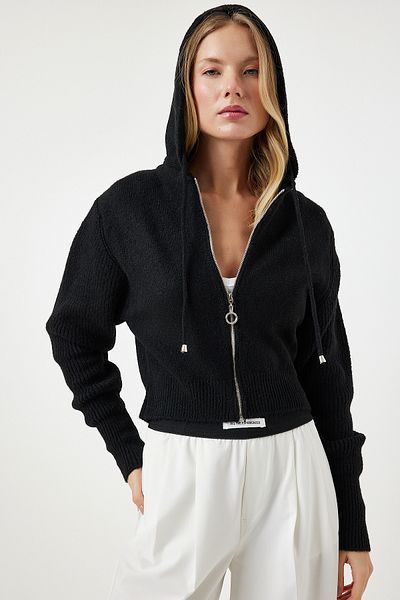 Happiness İstanbul Cardigan negru din tricot cu fermoar și glugă pentru femei YY00203