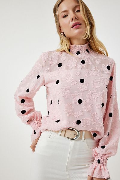 Happiness İstanbul Γυναικεία μπλούζα Candy Pink λιωμένη πουά υφασμένη TP00020