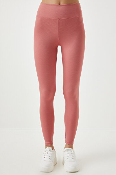 Happiness İstanbul Női világos szárított rózsa magas derekú bordázott varrat nélküli kötött harisnya XR00001