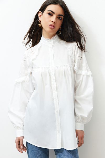 Trendyol Modest Ekrü hímzett pamut szőtt ing TCTSS24TG00026