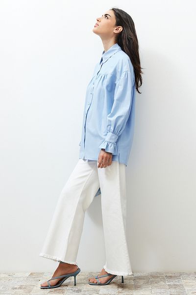 Trendyol Modest Cămașă din bumbac cu șnur albastru deschis TCTSS24TG00051