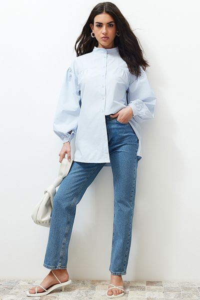 Trendyol Modest Világoskék fodros részletes pamut alap szőtt ing TCTSS24TG00055