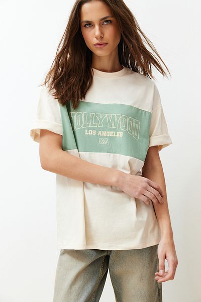 Trendyol Collection Kámen 100% bavlna Barva Blocked City Printed Oversize/široký střih Pletené tričko TWOSS24TS00079