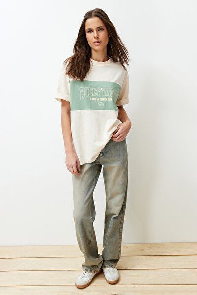 Trendyol Collection Stone 100% Cotton Color Blocked City Printed Oversize/Wide Cut Knitted T-Shirt TWOSS24TS00079