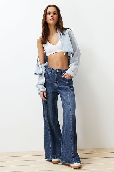 Trendyol Collection High Waist Blue Wide Leg Jeans - TWOSS24JE00116 with Stitching Detail