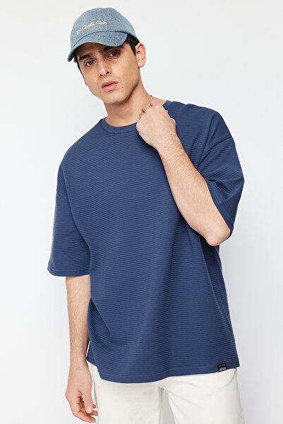 Trendyol Collection Premium Indigo Oversize Thick T-Shirt - 100% Cotton, Labeled, Textured Tmnss23Ts00069