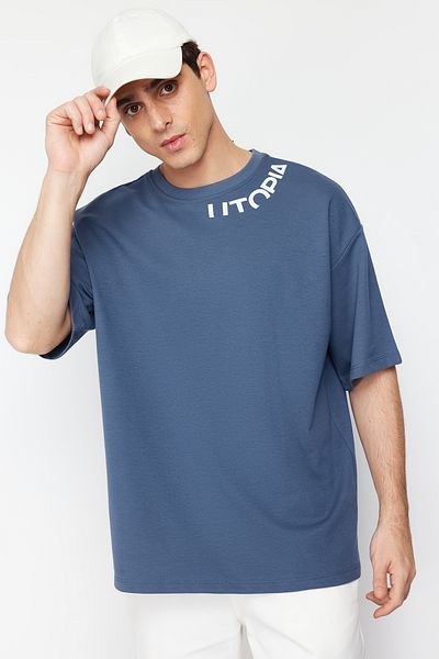Trendyol Collection Oversize Indigo T-Shirt - Text Printed, TMNSS24TS00086