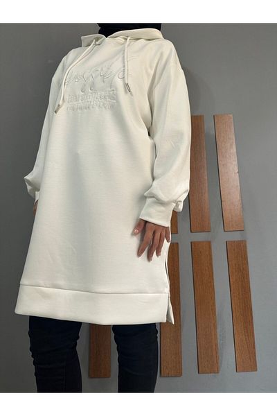 SMN Karen Kardaş Boutique Hijab Long Written Hooded Slit Sweat Tunik