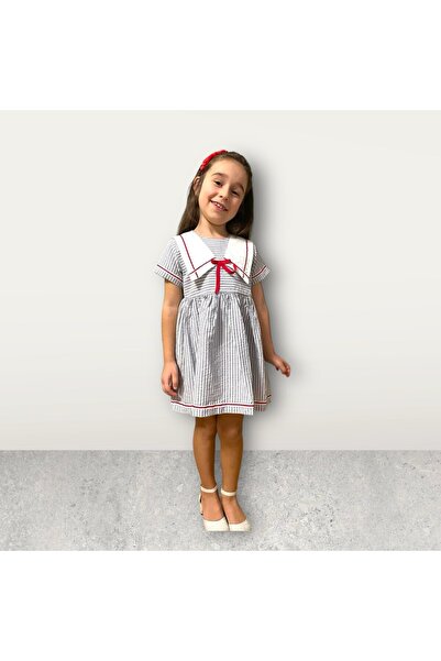 morwind Kız Çocuk %100 Pamuk Yazlık Elbise Bandana Ve Yaka Detaylı Marin Elbise