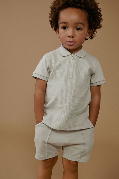 Next Baby 100% Cotton Gray Polo Collar Textured Shorts Top and Bottom Set