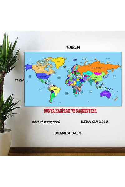 SIRADIŞI REKLAM WORLD COUNTRY And PRIMARY MAP 70*100 CM CANVAS PRINT