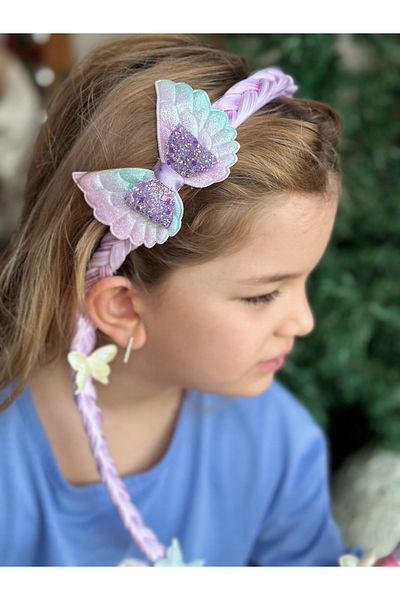 QUEEN AKSESUAR Imported luxury shiny glitter butterfly winged bow long braid hair crown children's rapunzel crown lilac purple
