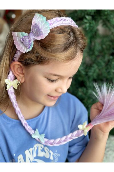 QUEEN AKSESUAR Imported luxury shiny glitter butterfly winged bow long braid hair crown children's rapunzel crown lilac purple