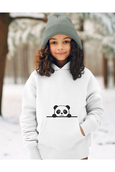 AEMİ Hanorac alb cu glugă pentru copii cu imprimeu panda / Pulover pentru copii 2 ani - 14 ani