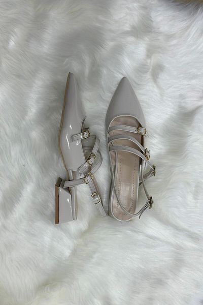 İmerShoes Καθημερινά γυναικεία κρεμ λουστρίνι με μυτερά παπούτσια με ρυθμιζόμενο τοξωτό κράνος με κοντό μπλοκ τακούνι 455