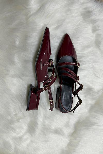 İmerShoes Daily Femei din piele lacuită bordeiu cu vârf ascuțit Curea reglabilă Cască pantofi cu toc bloc scurt 455