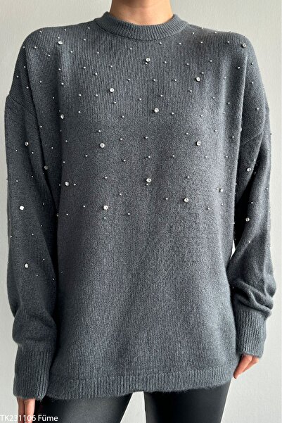 CADDELAMODA Women's Scattered Jewelled Soft Sweater