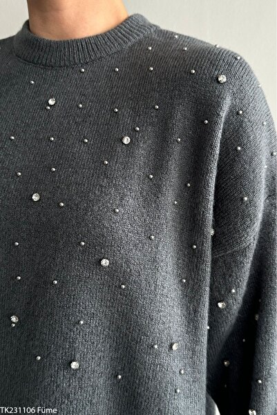 CADDELAMODA Women's Scattered Jewelled Soft Sweater