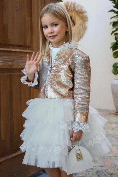 Riccotarz Girl's Layered Tulle Skirt and Sequin Coated Brown Jacket Skirt Set