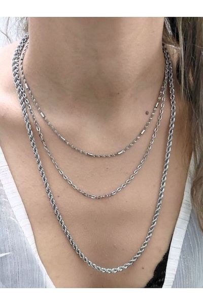 TÜKKAN ACCESSORİES ROPE BOWGER MODEL CHAIN TRIPLE MULTI COMBIN SILVER COLOR NECKLACE-SLEEVE156