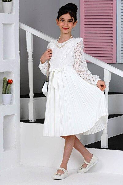 İ&K ŞIMARIK KİDS Piliseli Çantalı Kolyeli Kuşaklı  Dantel Elbise