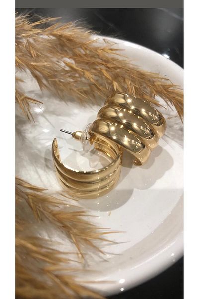 designforqueen Curved Three Row Hoop Gold Steel Earrings