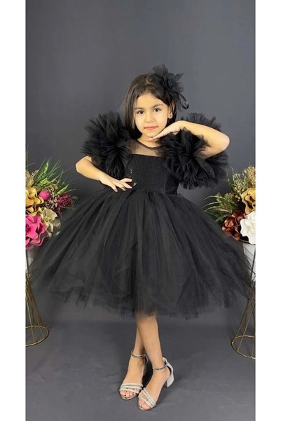Sevimlice Kids Chiffon Robe Pompom Sleeve Sequined Girl's Fluffy Skirt Tutu Evening Dress