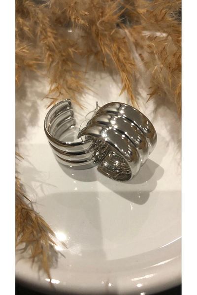 designforqueen Curved Three Row Hoop Silver Steel Earrings