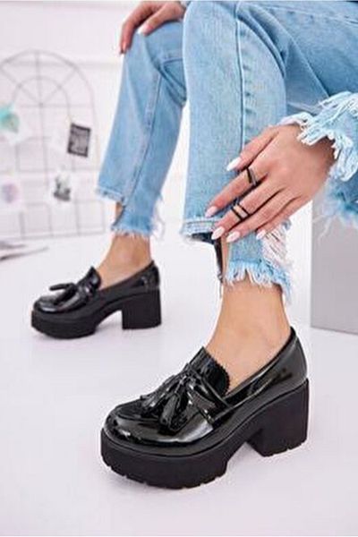 POLENS Women's Black Patent Leather Daily Heeled Tasseled Thick Sole Shoes
