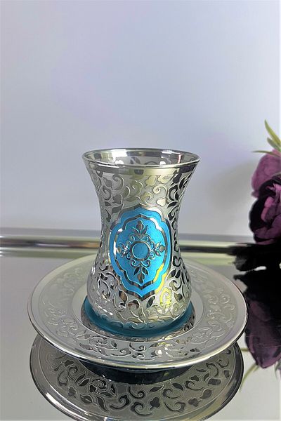 DECOSTYLE Destan Silver Plated Turquoise Blue Filled Handcrafted Pearls 12 Piece Glass Tea Set
