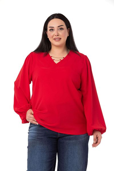 DISENTIS MODEST Plus Size Red Blouse with Chain Detail on Collar and Elastic Sleeves
