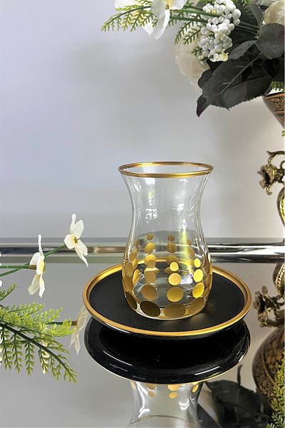 DECOSTYLE 12 Piece Glass Tea Set with Cut Decor and Gold Detail