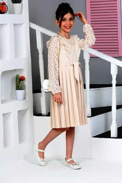 İ&K ŞIMARIK KİDS Pleated Bag Necklace Belted Lace Dress