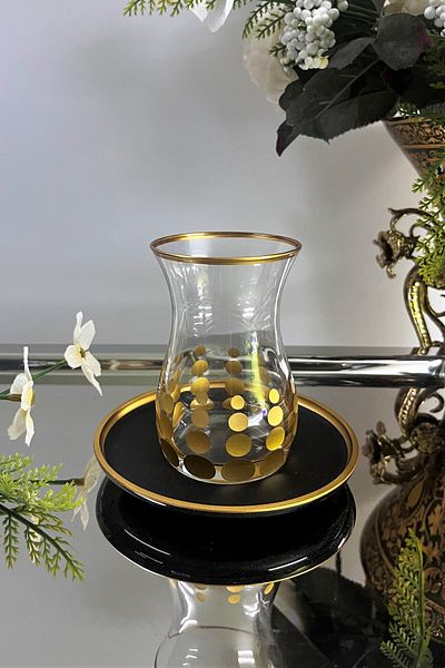 DECOSTYLE 12 Piece Glass Tea Set with Cut Decor and Gold Detail