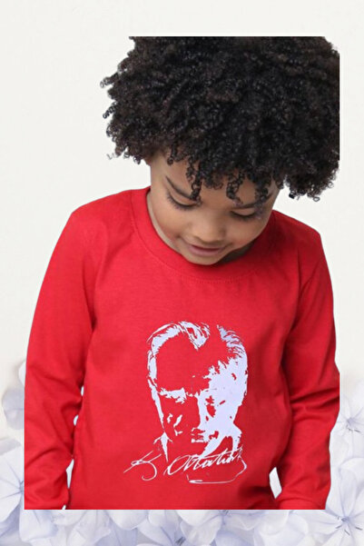 Kız Erkek Çocuk 23 Nisan Atatürk Baskılı Uzun Kol Gösteri Tshirt Yetişkin Unisex Kırmızı Tshirt R24
