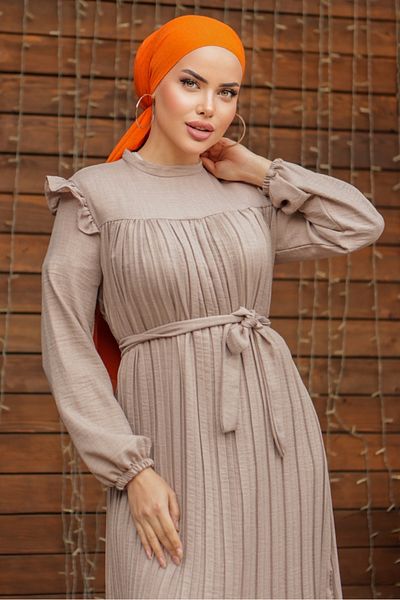 Bestenur Frilly Pleated Dress 777 - Stone
