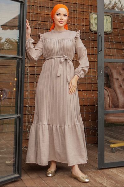 Bestenur Frilly Pleated Dress 777 - Stone