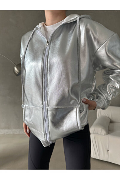 EDZ Women's Metallic Gray Leaf Hooded Zippered Ribbed Sweatshirt