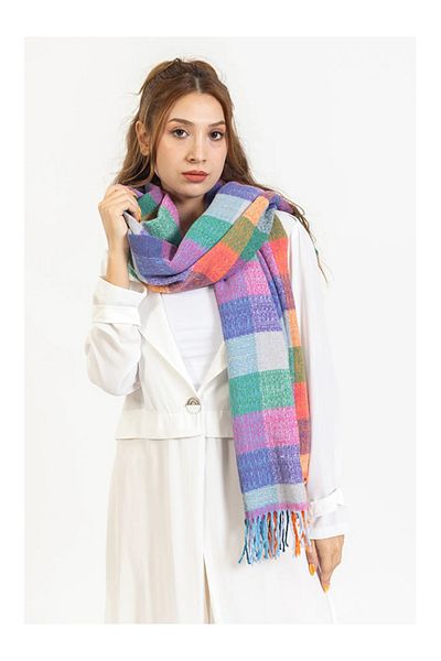 Namaste Vintage Colorful acrylic shawl with plaid pattern with tassels on the ends