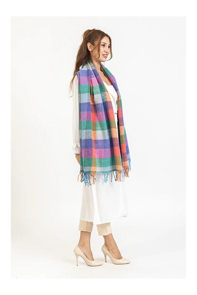 Namaste Vintage Colorful acrylic shawl with plaid pattern with tassels on the ends