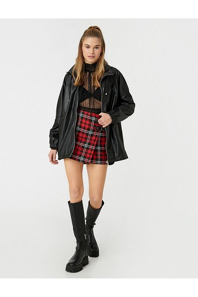 Koton Faux Leather Raincoat Hooded with Pockets