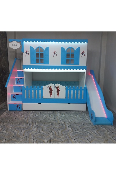 bebetu mobilya ALAÇATI NEON LEDLİ KAYDIRAKLI YAVRU YATAKLI RANZA