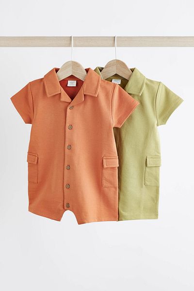 Next Baby 100% Cotton Green Orange Shirt Collar Set of 2 Romper