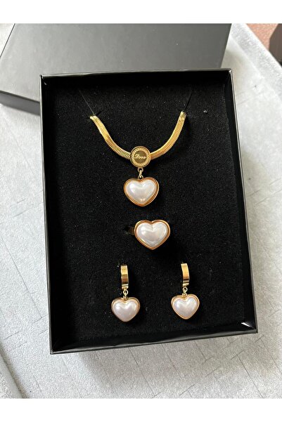 Sepetten Eve Sedefli Kalpli Çelik Küpe Sedef Yüzük Sedef Kolye 3 Lü Set