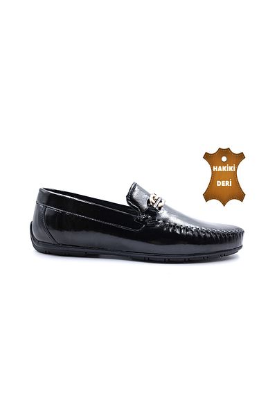 MARCOMEN Genuine Patent Leather Men's Laceless Black Buckle Loafer Shoes