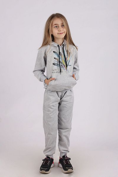 İnciTekstil GIRL'S Tracksuit Set with Hooded Kangaroo Pocket and Feather Print Detail