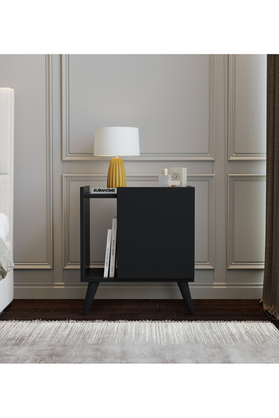 subahome 50 Cm Mdf Modern Ayaklı Siyah Komodin Çok Amaçlı Dolap Yan Sehpa Plak Dolabı Koltuk Yanı Sehpa